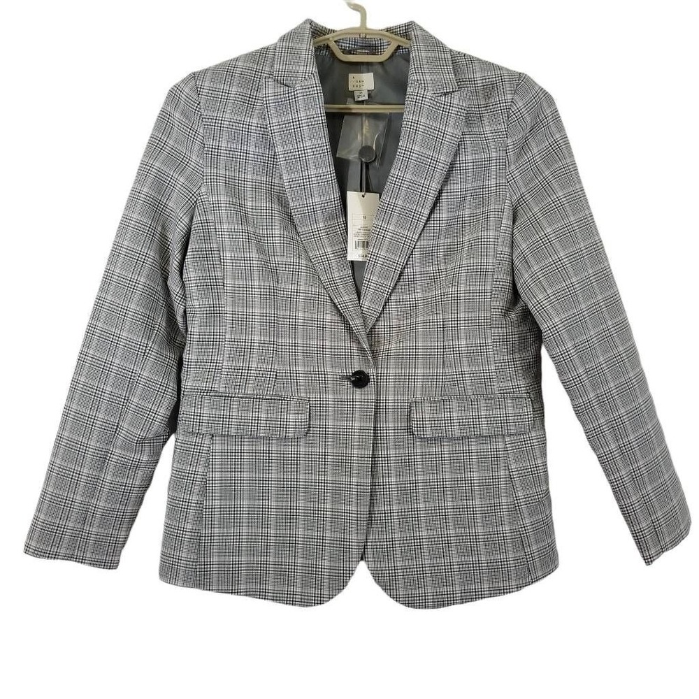 A New Day‎ Blazer Womens 10 Gray Jacket Plaid Long Sleeve Collar MSRP $34.99 New